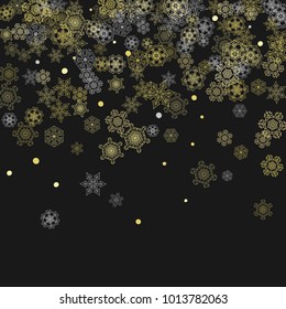 Glitter snowflakes frame on black background. Winter window. Shiny Christmas and New Year frame for gift certificate, ads, banners, flyers. Falling snow with golden glitter snowflakes for party invite