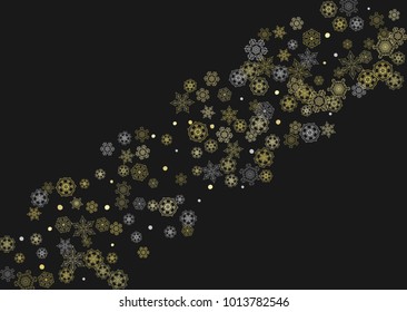 Glitter snowflakes frame on black horizontal background. Shiny Christmas and New Year frame for gift certificate, ads, banners, flyers. Falling snow with golden glitter snowflakes for party invite