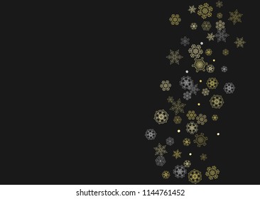 Glitter snowflakes frame on black horizontal background. Shiny Christmas and New Year frame for gift certificate, ads, banners, flyers. Falling snow with golden glitter snowflakes for party invite