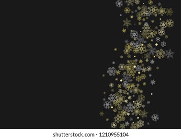 Glitter snowflakes frame on black horizontal background. Shiny Christmas and New Year frame for gift certificate, ads, banners, flyers. Falling snow with golden glitter snowflakes for party invite