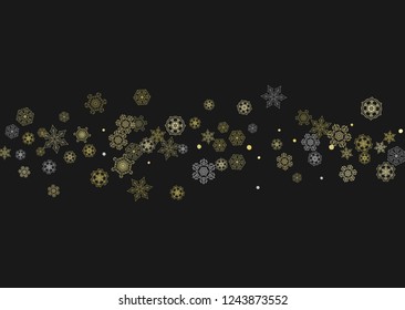 Glitter snowflakes frame on black horizontal background. Shiny Christmas and New Year frame for gift certificate, ads, banners, flyers. Falling snow with golden glitter snowflakes for party invite