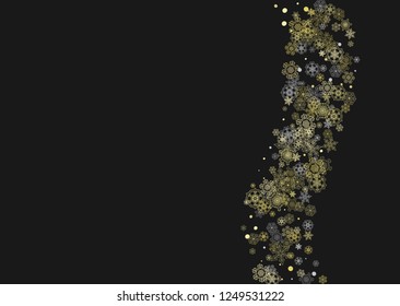 Glitter snowflakes frame on black horizontal background. Shiny Christmas and New Year frame for gift certificate, ads, banners, flyers. Falling snow with golden glitter snowflakes for party invite