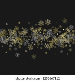 Glitter snowflakes frame on black background. Winter window. Shiny Christmas and New Year frame for gift certificate, ads, banners, flyers. Falling snow with golden glitter snowflakes for party invite