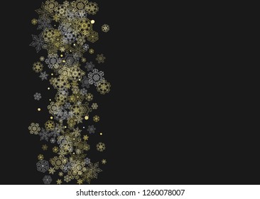 Glitter snowflakes frame on black horizontal background. Shiny Christmas and New Year frame for gift certificate, ads, banners, flyers. Falling snow with golden glitter snowflakes for party invite