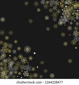 Glitter snowflakes frame on black background. Winter window. Shiny Christmas and New Year frame for gift certificate, ads, banners, flyers. Falling snow with golden glitter snowflakes for party invite