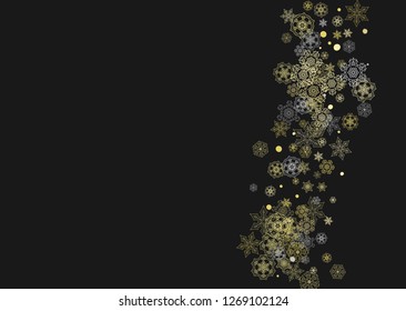 Glitter snowflakes frame on black horizontal background. Shiny Christmas and New Year frame for gift certificate, ads, banners, flyers. Falling snow with golden glitter snowflakes for party invite