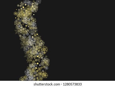 Glitter snowflakes frame on black horizontal background. Shiny Christmas and New Year frame for gift certificate, ads, banners, flyers. Falling snow with golden glitter snowflakes for party invite
