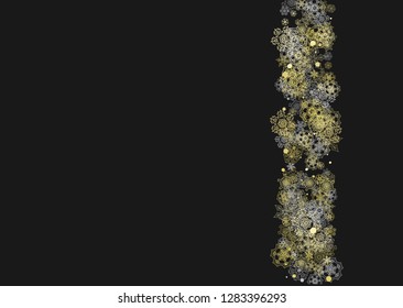 Glitter snowflakes frame on black horizontal background. Shiny Christmas and New Year frame for gift certificate, ads, banners, flyers. Falling snow with golden glitter snowflakes for party invite