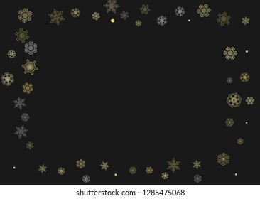 Glitter snowflakes frame on black horizontal background. Shiny Christmas and New Year frame for gift certificate, ads, banners, flyers. Falling snow with golden glitter snowflakes for party invite