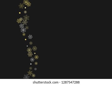Glitter snowflakes frame on black horizontal background. Shiny Christmas and New Year frame for gift certificate, ads, banners, flyers. Falling snow with golden glitter snowflakes for party invite
