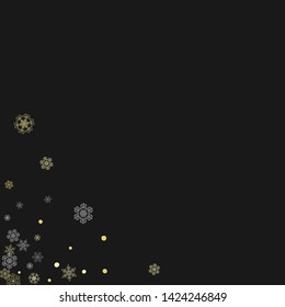 Glitter snowflakes frame on black background. Winter window. Shiny Christmas and New Year frame for gift certificate, ads, banners, flyers. Falling snow with golden glitter snowflakes for party invite