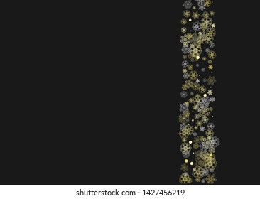 Glitter snowflakes frame on black horizontal background. Shiny Christmas and New Year frame for gift certificate, ads, banners, flyers. Falling snow with golden glitter snowflakes for party invite