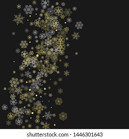 Glitter snowflakes frame on black background. Winter window. Shiny Christmas and New Year frame for gift certificate, ads, banners, flyers. Falling snow with golden glitter snowflakes for party invite