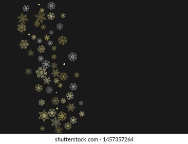 Glitter snowflakes frame on black horizontal background. Shiny Christmas and New Year frame for gift certificate, ads, banners, flyers. Falling snow with golden glitter snowflakes for party invite