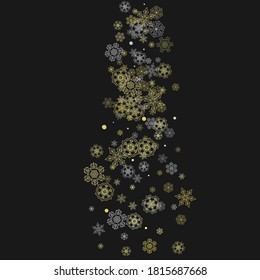 Glitter snowflakes frame on black background. Winter window. Shiny Christmas and New Year frame for gift certificate, ads, banners, flyers. Falling snow with golden glitter snowflakes for party invite