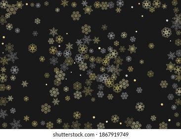 Glitter snowflakes frame on black horizontal background. Shiny Christmas and New Year frame for gift certificate, ads, banners, flyers. Falling snow with golden glitter snowflakes for party invite