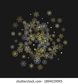 Glitter snowflakes frame on black background. Winter window. Shiny Christmas and New Year frame for gift certificate, ads, banners, flyers. Falling snow with golden glitter snowflakes for party invite