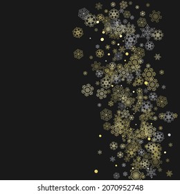 Glitter snowflakes frame on black background. Winter window. Shiny Christmas and New Year frame for gift certificate, ads, banners, flyers. Falling snow with golden glitter snowflakes for party invite
