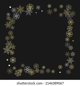 Glitter snowflakes frame on black background. Winter window. Shiny Christmas and New Year frame for gift certificate, ads, banners, flyers. Falling snow with golden glitter snowflakes for party invite