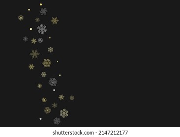 Glitter snowflakes frame on black horizontal background. Shiny Christmas and New Year frame for gift certificate, ads, banners, flyers. Falling snow with golden glitter snowflakes for party invite