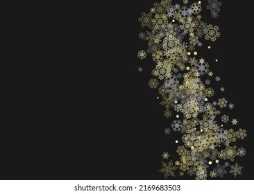 Glitter snowflakes frame on black horizontal background. Shiny Christmas and New Year frame for gift certificate, ads, banners, flyers. Falling snow with golden glitter snowflakes for party invite