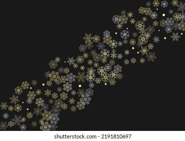 Glitter snowflakes frame on black horizontal background. Shiny Christmas and New Year frame for gift certificate, ads, banners, flyers. Falling snow with golden glitter snowflakes for party invite