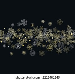 Glitter snowflakes frame on black background. Winter window. Shiny Christmas and New Year frame for gift certificate, ads, banners, flyers. Falling snow with golden glitter snowflakes for party invite
