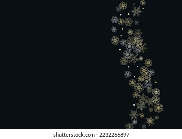 El marco de los copos de nieve brillante sobre el fondo horizontal negro. Luminoso marco de Navidad y Año Nuevo para certificado de regalo, anuncios, pancartas, folletos. Invitación a la fiesta de la caída de la nieve con brillantes copos de nieve