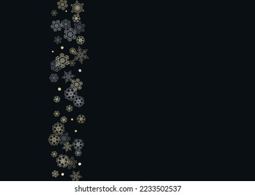 Glitter snowflakes frame on black horizontal background. Shiny Christmas and New Year frame for gift certificate, ads, banners, flyers. Falling snow with golden glitter snowflakes for party invite