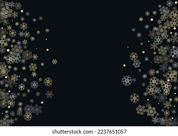 Glitter snowflakes frame on black horizontal background. Shiny Christmas and New Year frame for gift certificate, ads, banners, flyers. Falling snow with golden glitter snowflakes for party invite