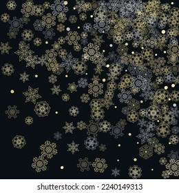 Glitter snowflakes frame on black background. Winter window. Shiny Christmas and New Year frame for gift certificate, ads, banners, flyers. Falling snow with golden glitter snowflakes for party invite
