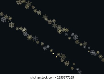 Glitter snowflakes frame on black horizontal background. Shiny Christmas and New Year frame for gift certificate, ads, banners, flyers. Falling snow with golden glitter snowflakes for party invite