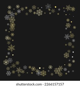 Glitter snowflakes frame on black background. Winter window. Shiny Christmas and New Year frame for gift certificate, ads, banners, flyers. Falling snow with golden glitter snowflakes for party invite