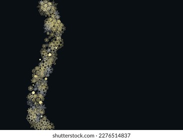 Glitter snowflakes frame on black horizontal background. Shiny Christmas and New Year frame for gift certificate, ads, banners, flyers. Falling snow with golden glitter snowflakes for party invite