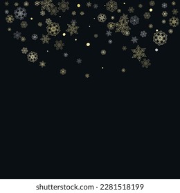 Glitter snowflakes frame on black background. Winter window. Shiny Christmas and New Year frame for gift certificate, ads, banners, flyers. Falling snow with golden glitter snowflakes for party invite