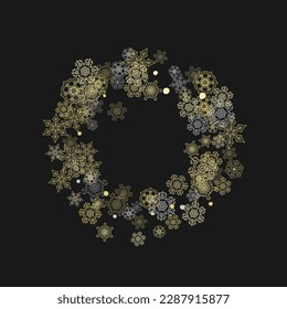 Glitter snowflakes frame on black background. Winter window. Shiny Christmas and New Year frame for gift certificate, ads, banners, flyers. Falling snow with golden glitter snowflakes for party invite