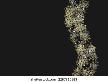Glitter snowflakes frame on black horizontal background. Shiny Christmas and New Year frame for gift certificate, ads, banners, flyers. Falling snow with golden glitter snowflakes for party invite