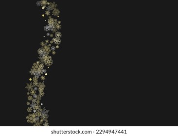 Glitter snowflakes frame on black horizontal background. Shiny Christmas and New Year frame for gift certificate, ads, banners, flyers. Falling snow with golden glitter snowflakes for party invite