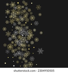 El marco de los copos de nieve brillan sobre el fondo negro. Ventana de invierno. Luminoso marco de Navidad y Año Nuevo para certificado de regalo, anuncios, pancartas, folletos. Invitación a la fiesta de la caída de la nieve con brillantes copos de nieve