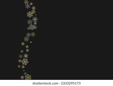 Glitter snowflakes frame on black horizontal background. Shiny Christmas and New Year frame for gift certificate, ads, banners, flyers. Falling snow with golden glitter snowflakes for party invite