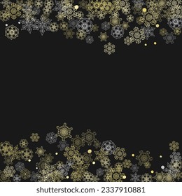 Glitter snowflakes frame on black background. Winter window. Shiny Christmas and New Year frame for gift certificate, ads, banners, flyers. Falling snow with golden glitter snowflakes for party invite