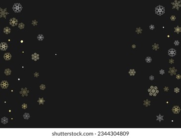 Glitter snowflakes frame on black horizontal background. Shiny Christmas and New Year frame for gift certificate, ads, banners, flyers. Falling snow with golden glitter snowflakes for party invite