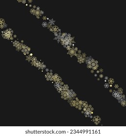 Glitter snowflakes frame on black background. Winter window. Shiny Christmas and New Year frame for gift certificate, ads, banners, flyers. Falling snow with golden glitter snowflakes for party invite