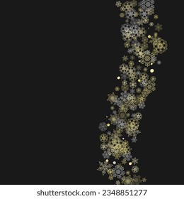 Glitter snowflakes frame on black background. Winter window. Shiny Christmas and New Year frame for gift certificate, ads, banners, flyers. Falling snow with golden glitter snowflakes for party invite