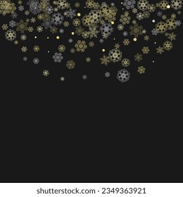 Glitter snowflakes frame on black background. Winter window. Shiny Christmas and New Year frame for gift certificate, ads, banners, flyers. Falling snow with golden glitter snowflakes for party invite