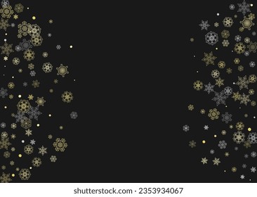 Glitter snowflakes frame on black horizontal background. Shiny Christmas and New Year frame for gift certificate, ads, banners, flyers. Falling snow with golden glitter snowflakes for party invite
