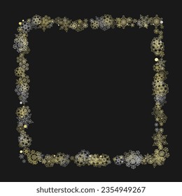 Glitter snowflakes frame on black background. Winter window. Shiny Christmas and New Year frame for gift certificate, ads, banners, flyers. Falling snow with golden glitter snowflakes for party invite