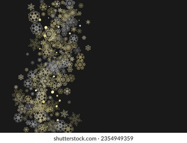 Glitter snowflakes frame on black horizontal background. Shiny Christmas and New Year frame for gift certificate, ads, banners, flyers. Falling snow with golden glitter snowflakes for party invite