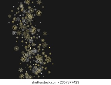 Glitter snowflakes frame on black horizontal background. Shiny Christmas and New Year frame for gift certificate, ads, banners, flyers. Falling snow with golden glitter snowflakes for party invite