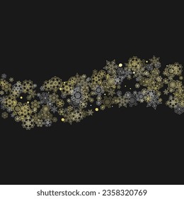 Glitter snowflakes frame on black background. Winter window. Shiny Christmas and New Year frame for gift certificate, ads, banners, flyers. Falling snow with golden glitter snowflakes for party invite
